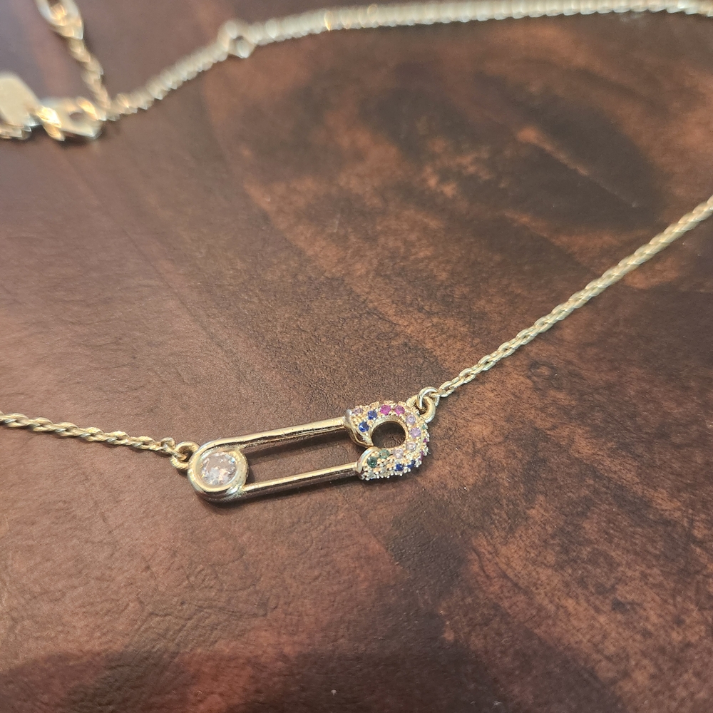 Melinda Maria Gold Safety Pin Necklace with Rainbow Diamondettes